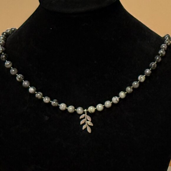 Dark Grey Marble Short Necklace, Genuine Gemstone & Silver Leaf Branch Pendant - Picture 3 of 13